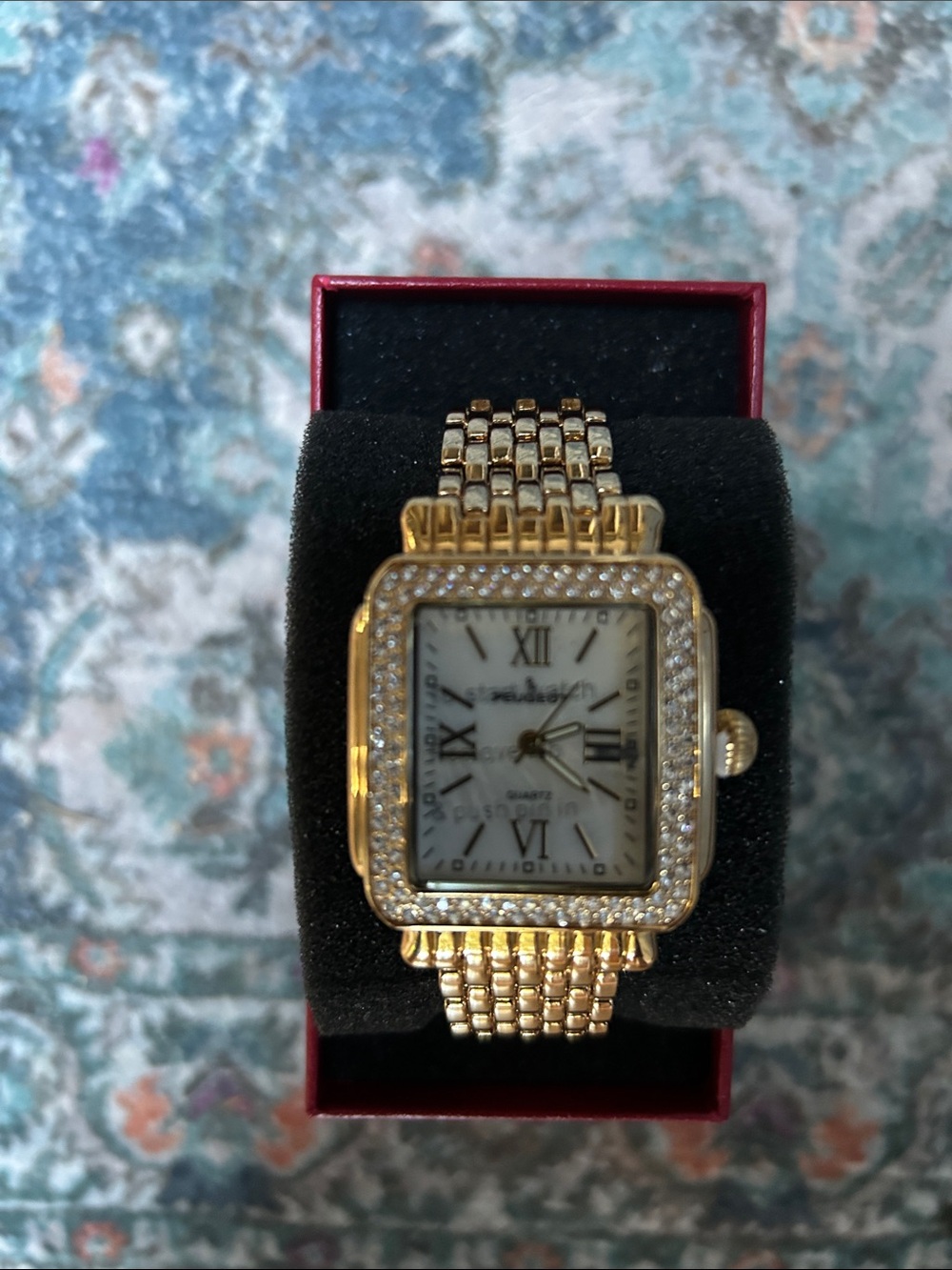 Peugeot Gold-Tone Crystal Square Dial Women's Bracelet Watch